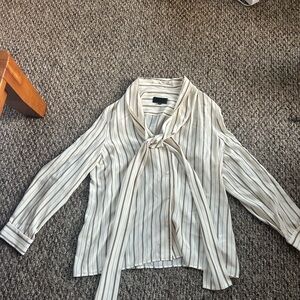 Nili Lotan Beige Striped Blouse with Tie Neck